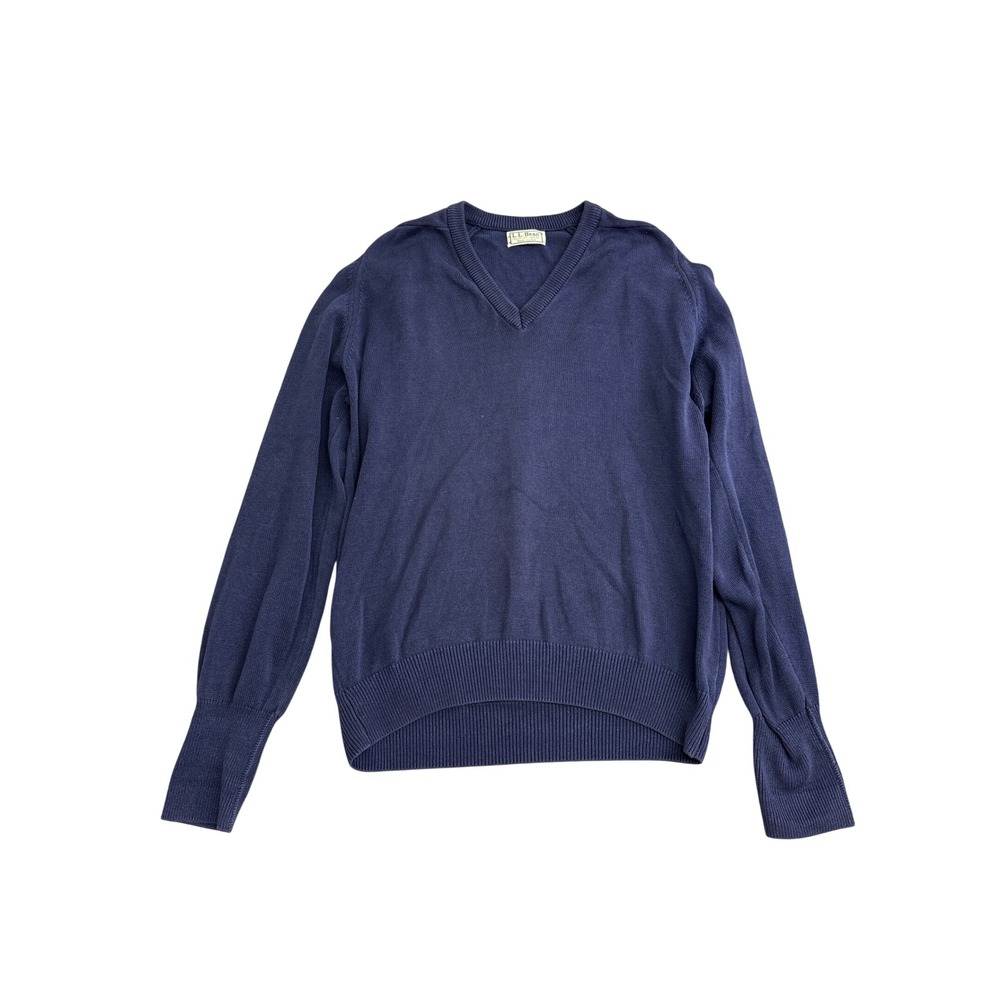 LL Bean Mens V-Neck Sweater Navy Blue Made in USA Solid Knit Pullover